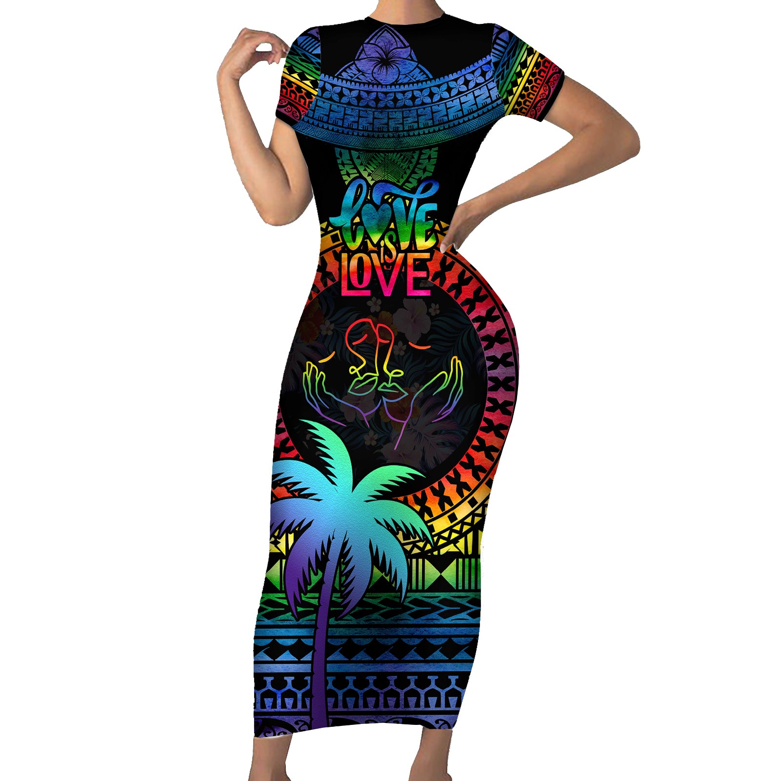Personalised Fiji LGBT Short Sleeve Bodycon Dress Love Is Love Tapa Pattern Rainbow Water Color - Wonder Print Shop
