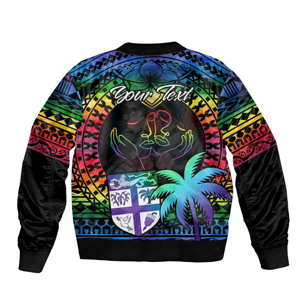Personalised Fiji LGBT Sleeve Zip Bomber Jacket Love Is Love Tapa Pattern Rainbow Water Color - Wonder Print Shop