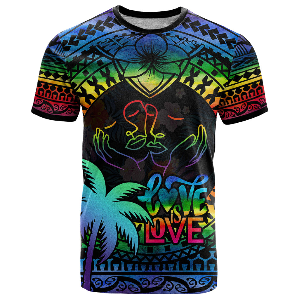 Personalised Fiji LGBT T Shirt Love Is Love Tapa Pattern Rainbow Water Color - Wonder Print Shop