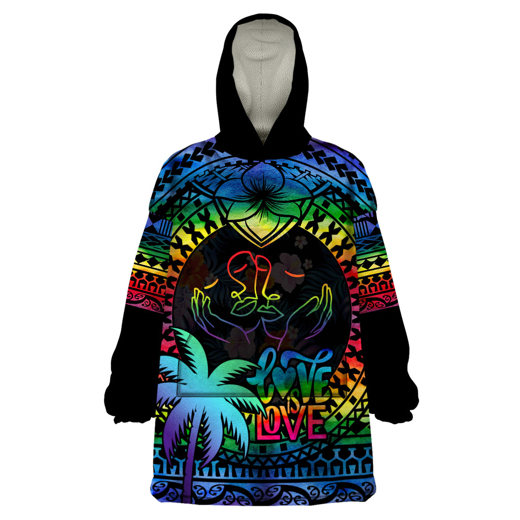 Personalised Fiji LGBT Wearable Blanket Hoodie Love Is Love Tapa Pattern Rainbow Water Color - Wonder Print Shop
