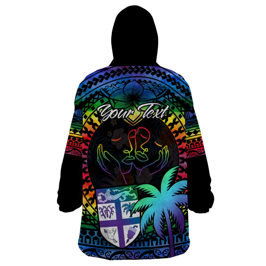 Personalised Fiji LGBT Wearable Blanket Hoodie Love Is Love Tapa Pattern Rainbow Water Color - Wonder Print Shop
