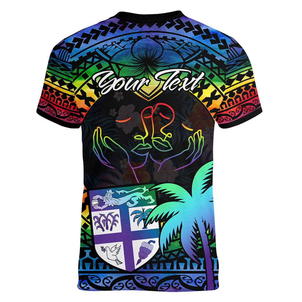 Personalised Fiji LGBT Women V Neck T Shirt Love Is Love Tapa Pattern Rainbow Water Color - Wonder Print Shop