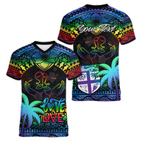 Personalised Fiji LGBT Women V Neck T Shirt Love Is Love Tapa Pattern Rainbow Water Color - Wonder Print Shop