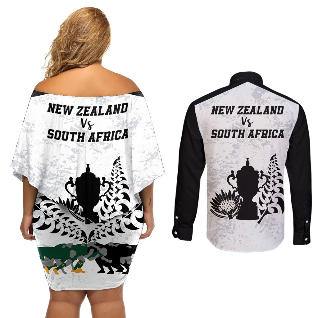 New Zealand South Africa Rugby Couples Matching Off Shoulder Short Dress and Long Sleeve Button Shirt History Commemorative World Cup Winners Unique LT9 - Wonder Print Shop