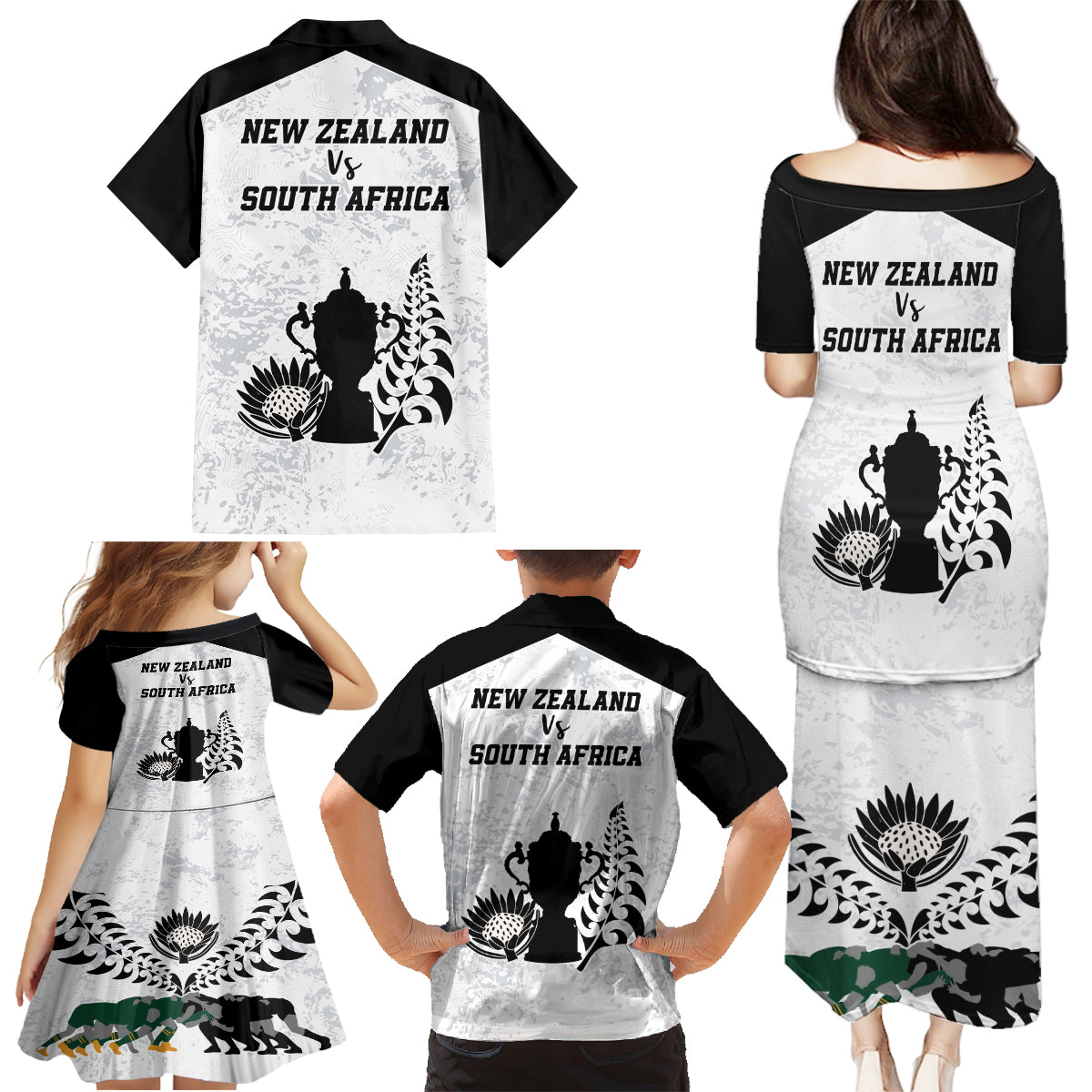 New Zealand South Africa Rugby Family Matching Puletasi Dress and Hawaiian Shirt History Commemorative World Cup Winners Unique - Wonder Print Shop