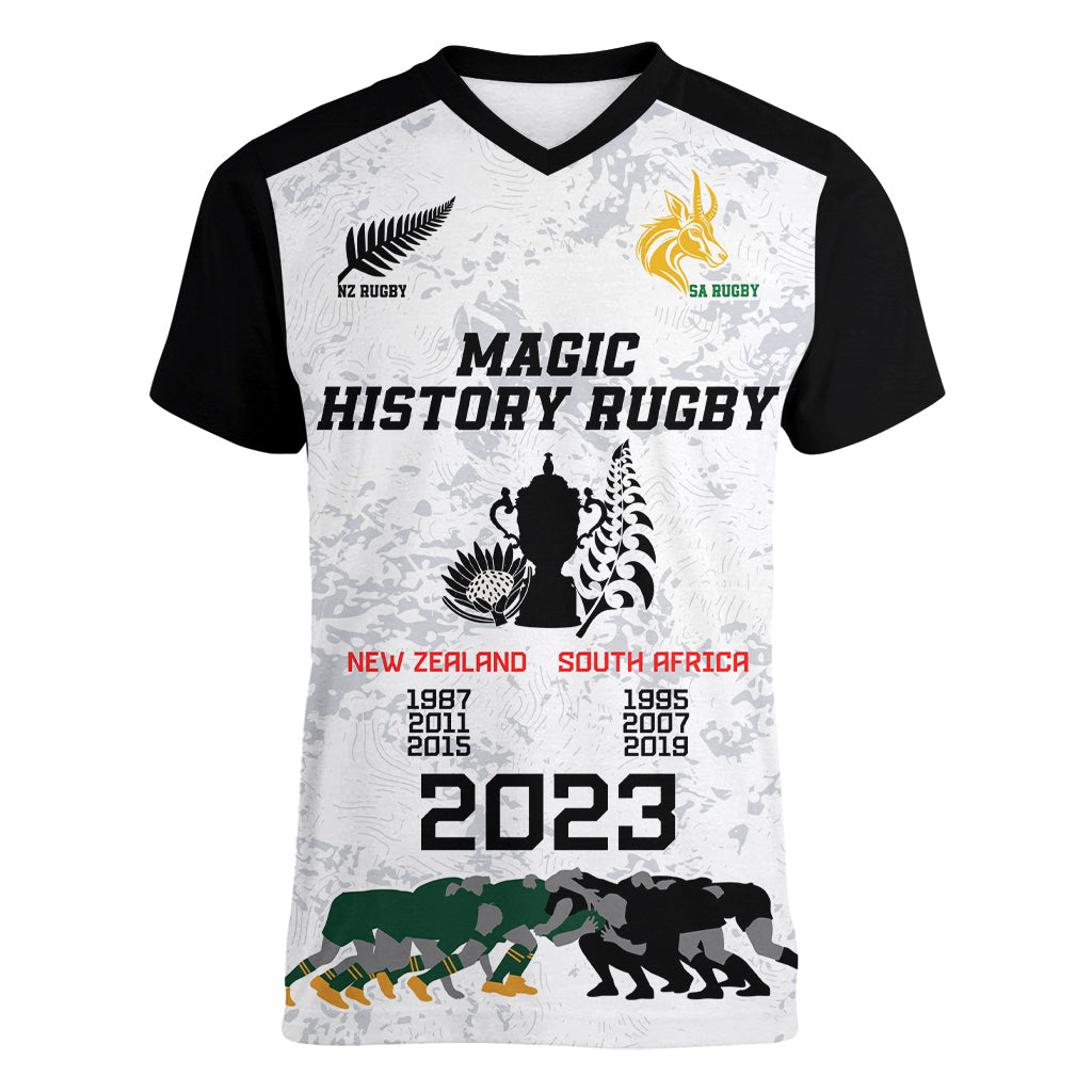 New Zealand South Africa Rugby Women V Neck T Shirt History Commemorative World Cup Winners Unique - Wonder Print Shop