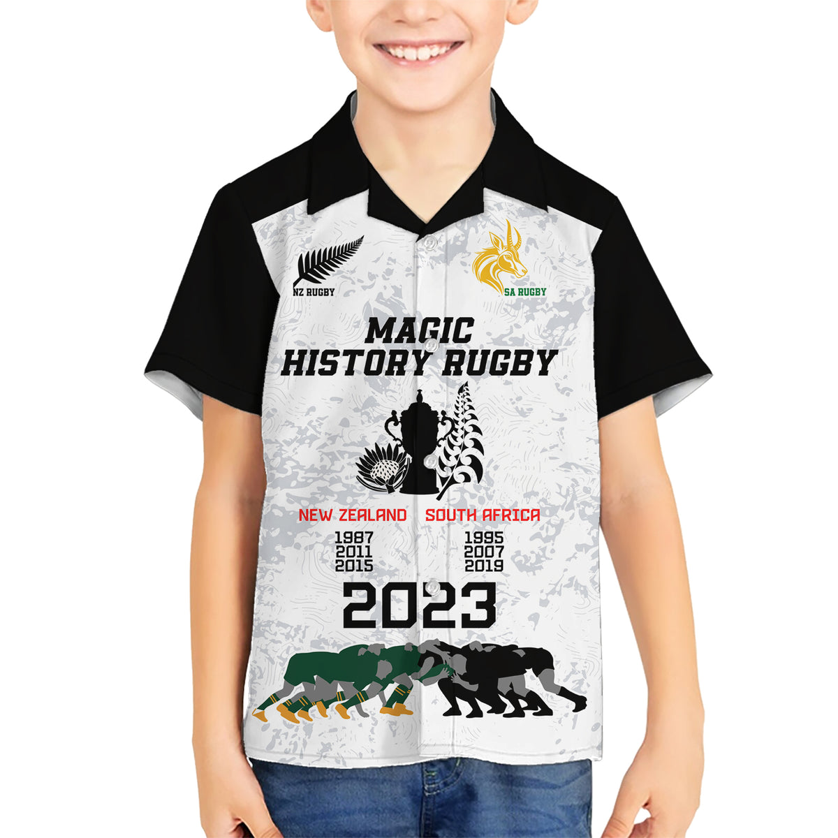 Custom New Zealand South Africa Rugby Family Matching Short Sleeve Bodycon Dress and Hawaiian Shirt History Commemorative World Cup Winners Unique - Wonder Print Shop