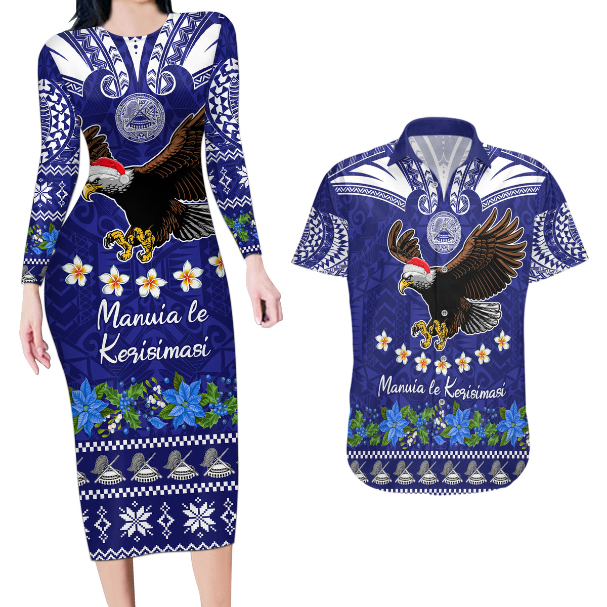American Samoa Christmas Couples Matching Long Sleeve Bodycon Dress and Hawaiian Shirt Manuia le Kerisimasi Polynesian Tribal LT9 - Wonder Print Shop
