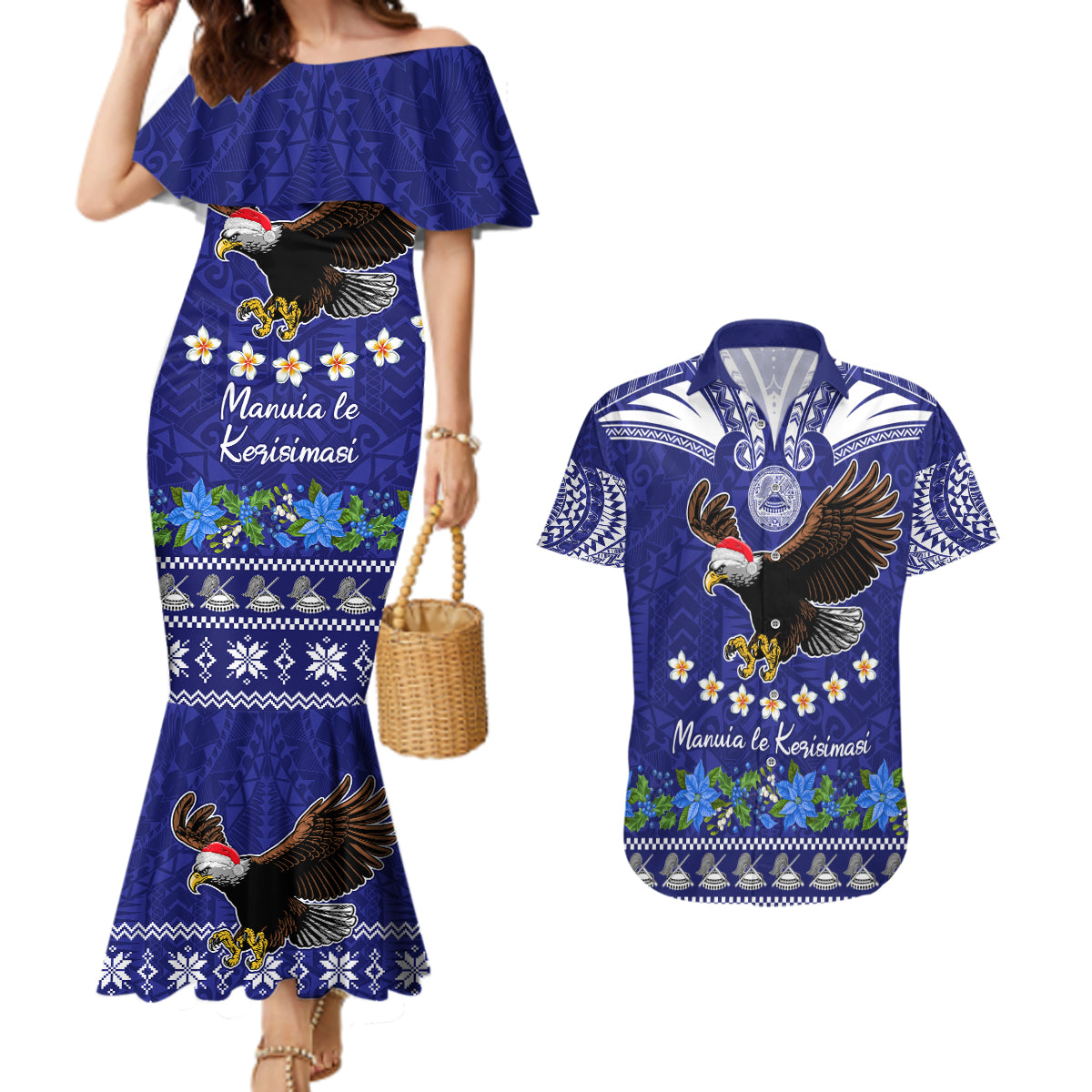 American Samoa Christmas Couples Matching Mermaid Dress and Hawaiian Shirt Manuia le Kerisimasi Polynesian Tribal LT9 - Wonder Print Shop