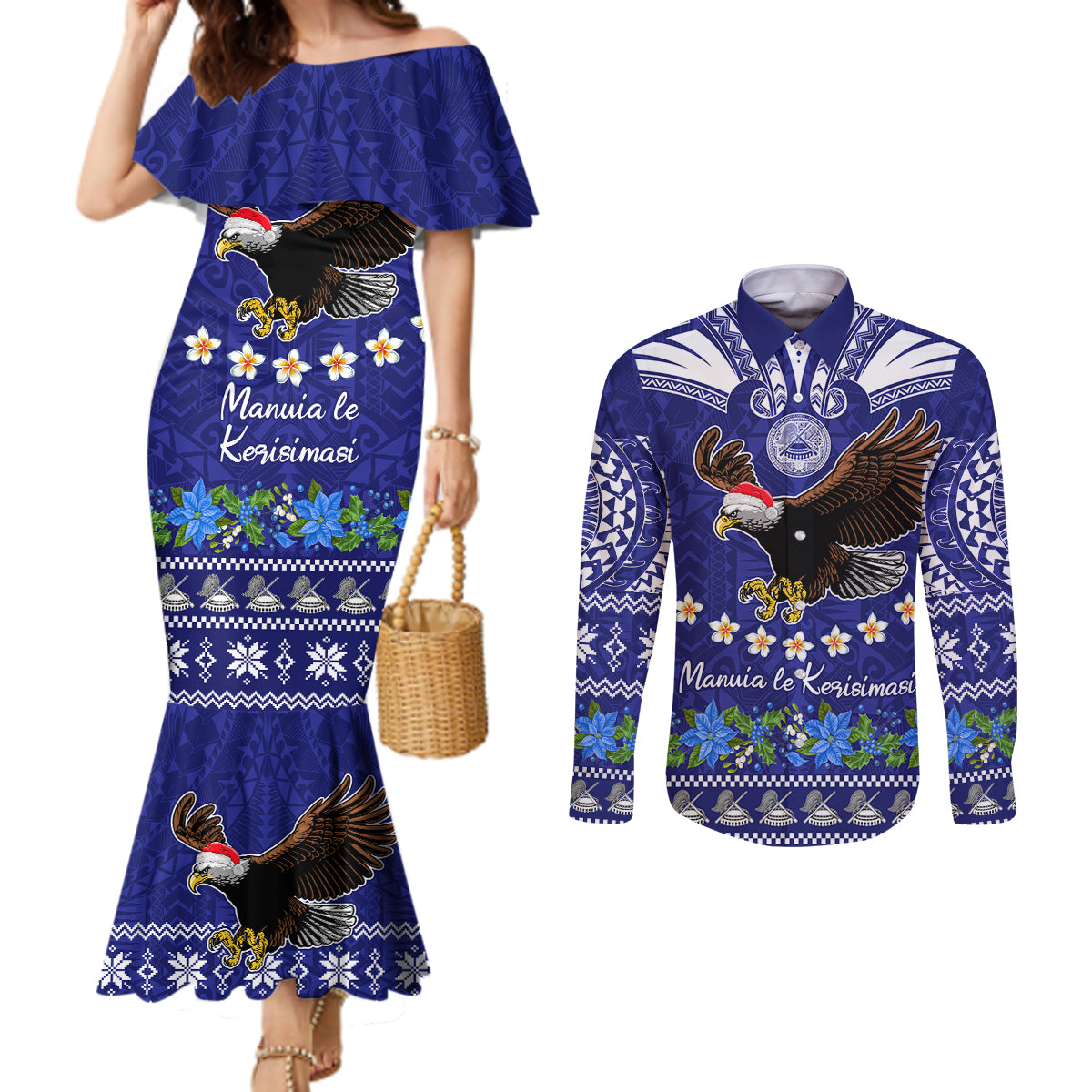 american-samoa-christmas-couples-matching-mermaid-dress-and-long-sleeve-button-shirt-manuia-le-kerisimasi-polynesian-tribal