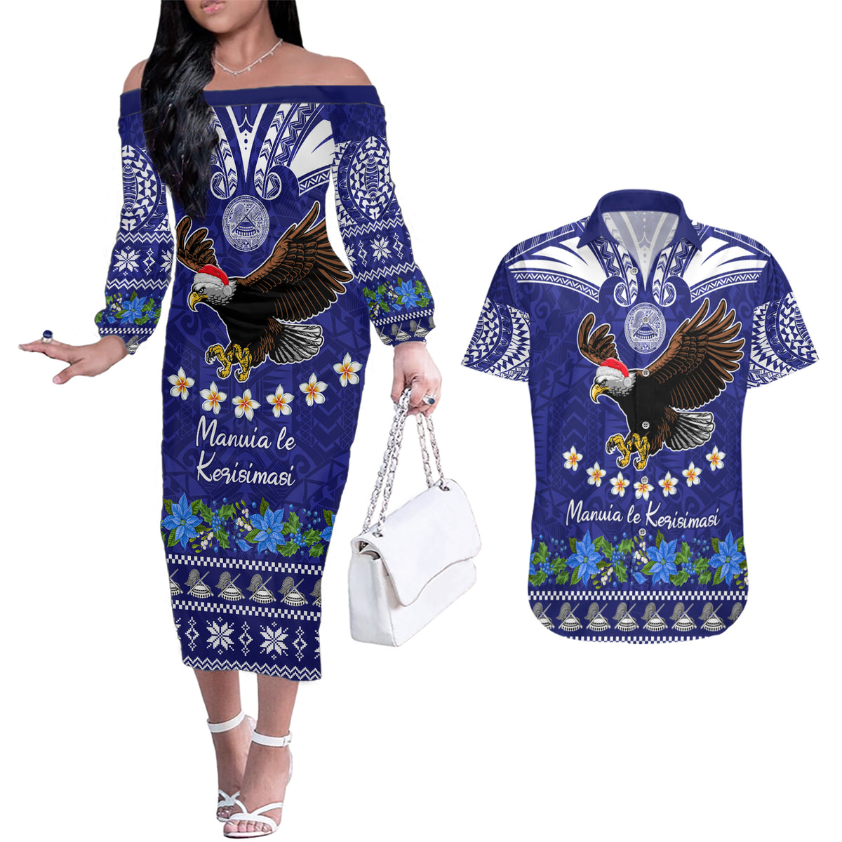American Samoa Christmas Couples Matching Off The Shoulder Long Sleeve Dress and Hawaiian Shirt Manuia le Kerisimasi Polynesian Tribal LT9 - Wonder Print Shop