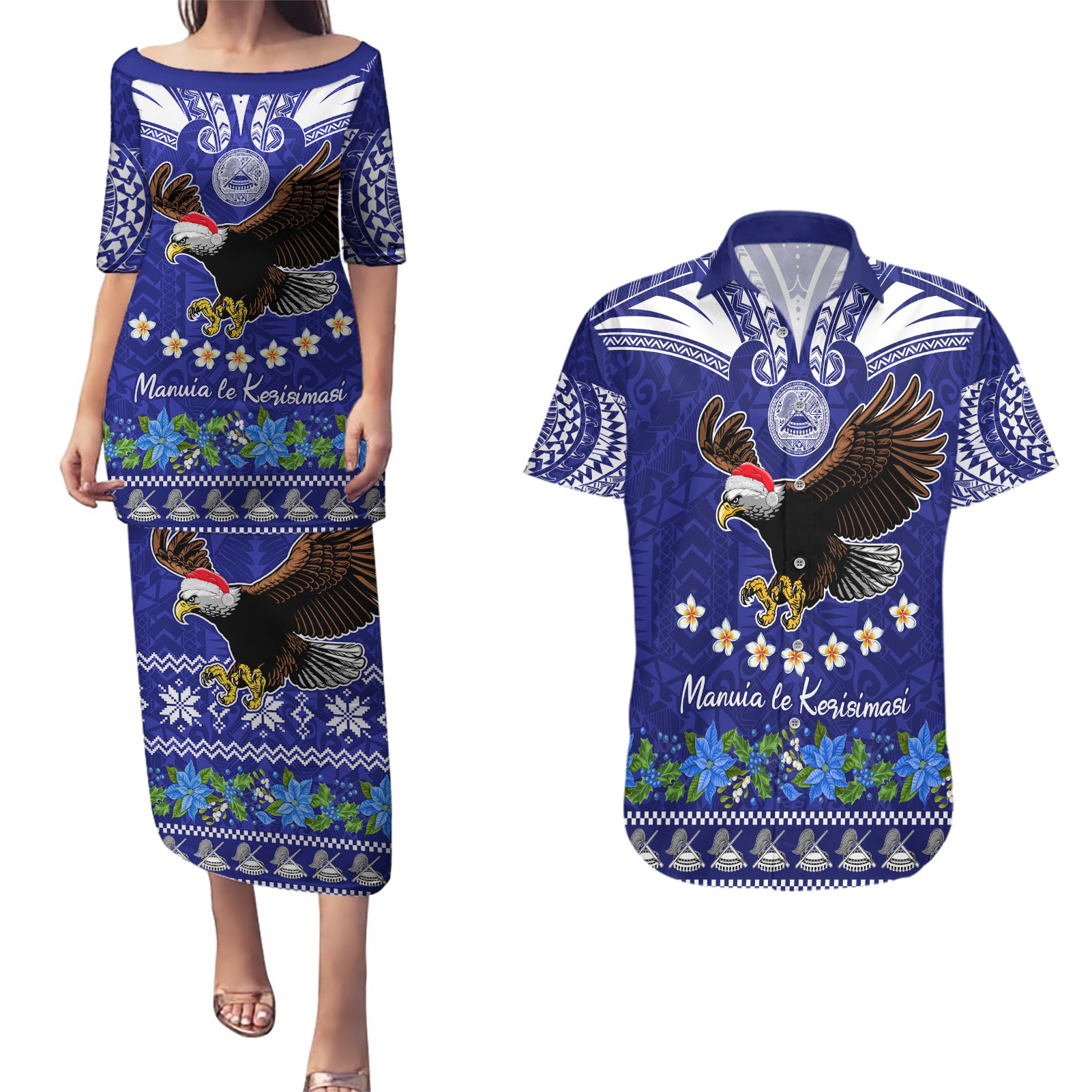 American Samoa Christmas Couples Matching Puletasi Dress and Hawaiian Shirt Manuia le Kerisimasi Polynesian Tribal LT9 - Wonder Print Shop