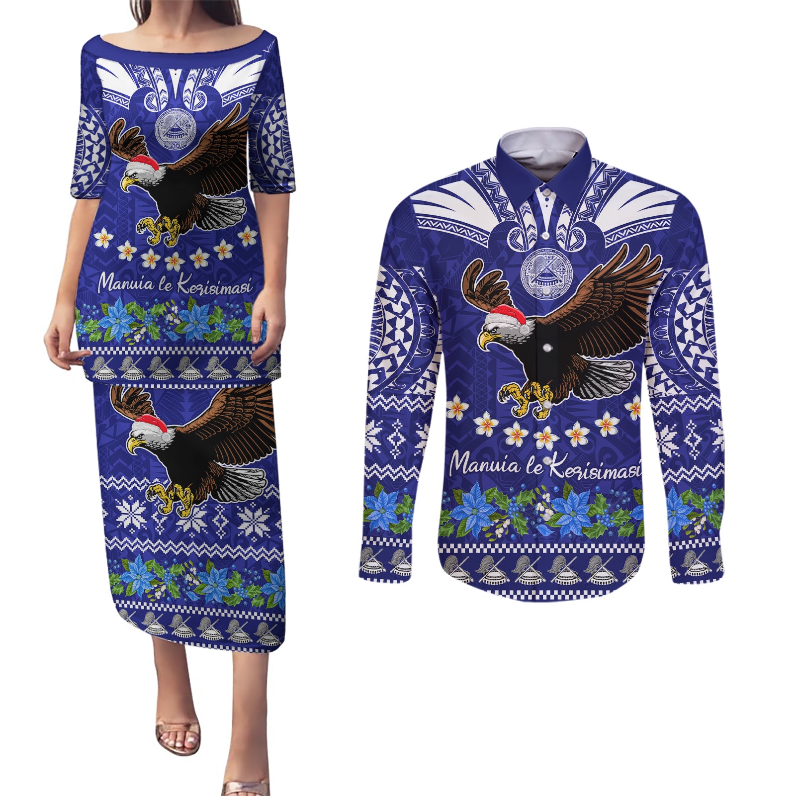 American Samoa Christmas Couples Matching Puletasi Dress and Long Sleeve Button Shirt Manuia le Kerisimasi Polynesian Tribal LT9 - Wonder Print Shop