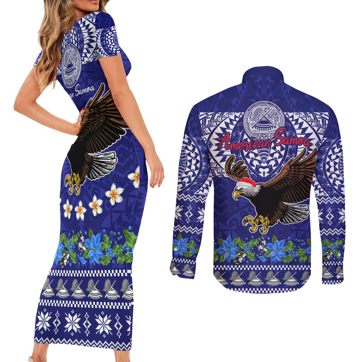 American Samoa Christmas Couples Matching Short Sleeve Bodycon Dress and Long Sleeve Button Shirt Manuia le Kerisimasi Polynesian Tribal LT9 - Wonder Print Shop