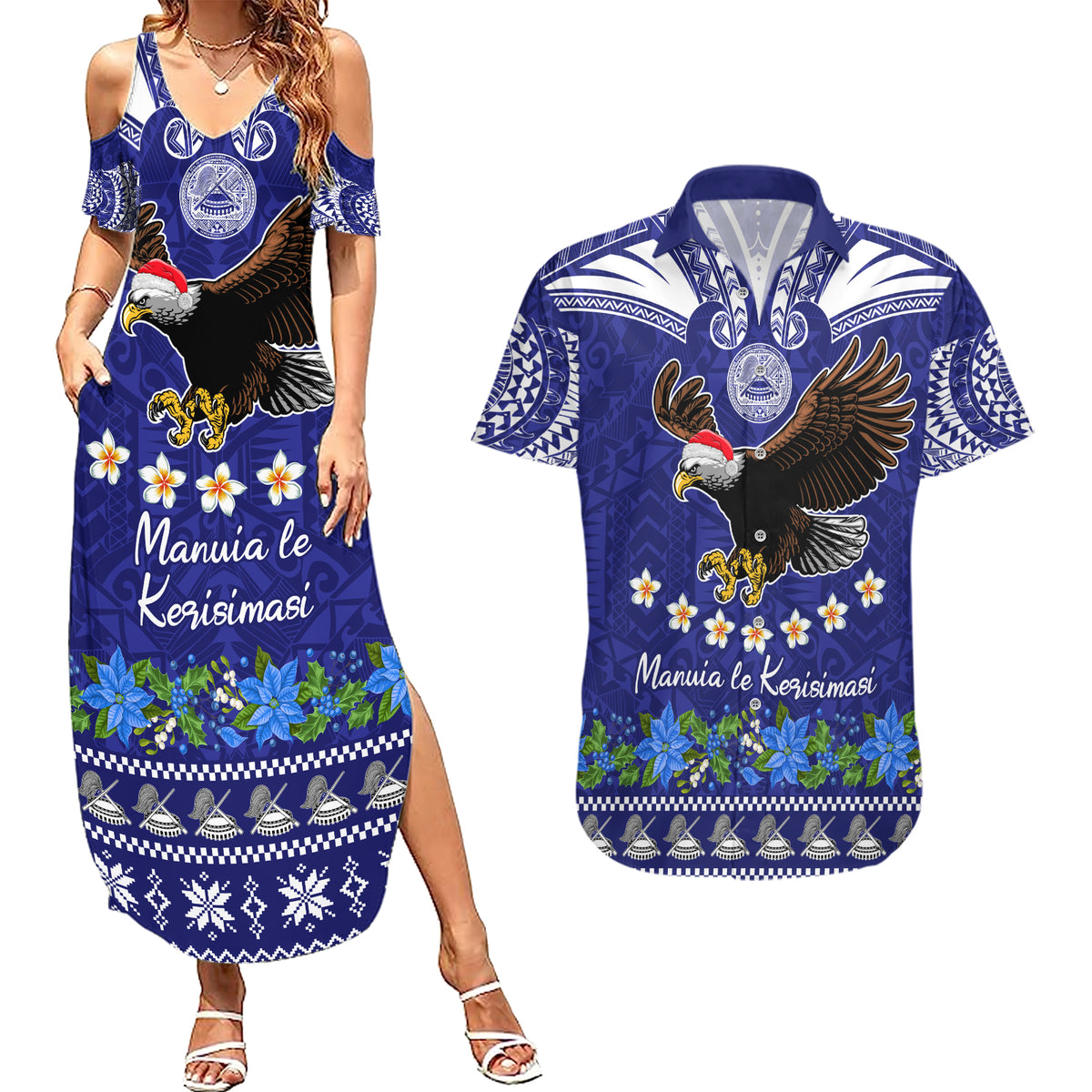 American Samoa Christmas Couples Matching Summer Maxi Dress and Hawaiian Shirt Manuia le Kerisimasi Polynesian Tribal LT9 - Wonder Print Shop