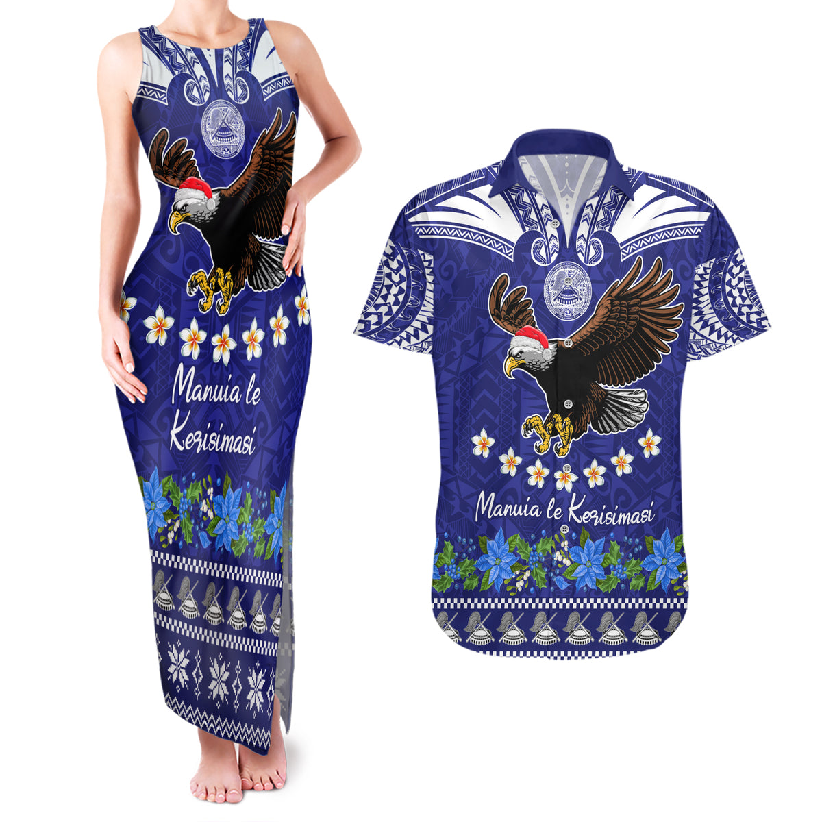 American Samoa Christmas Couples Matching Tank Maxi Dress and Hawaiian Shirt Manuia le Kerisimasi Polynesian Tribal LT9 - Wonder Print Shop