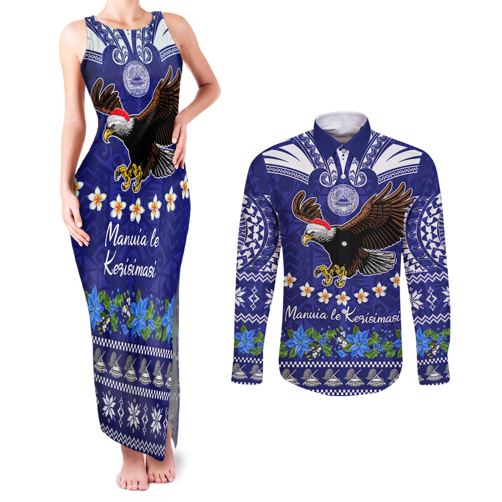 American Samoa Christmas Couples Matching Tank Maxi Dress and Long Sleeve Button Shirt Manuia le Kerisimasi Polynesian Tribal LT9 - Wonder Print Shop