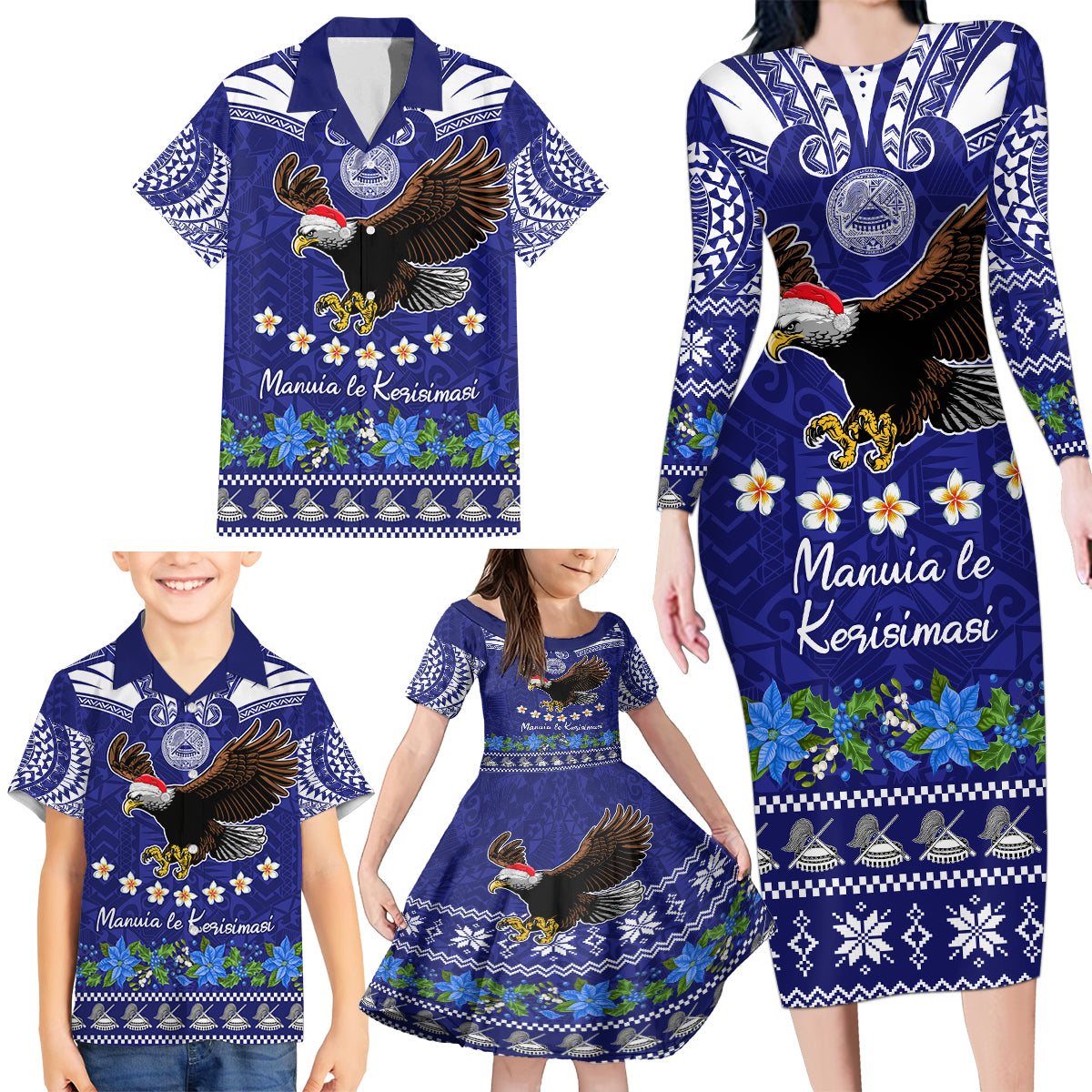 American Samoa Christmas Family Matching Long Sleeve Bodycon Dress and Hawaiian Shirt Manuia le Kerisimasi Polynesian Tribal LT9 - Wonder Print Shop