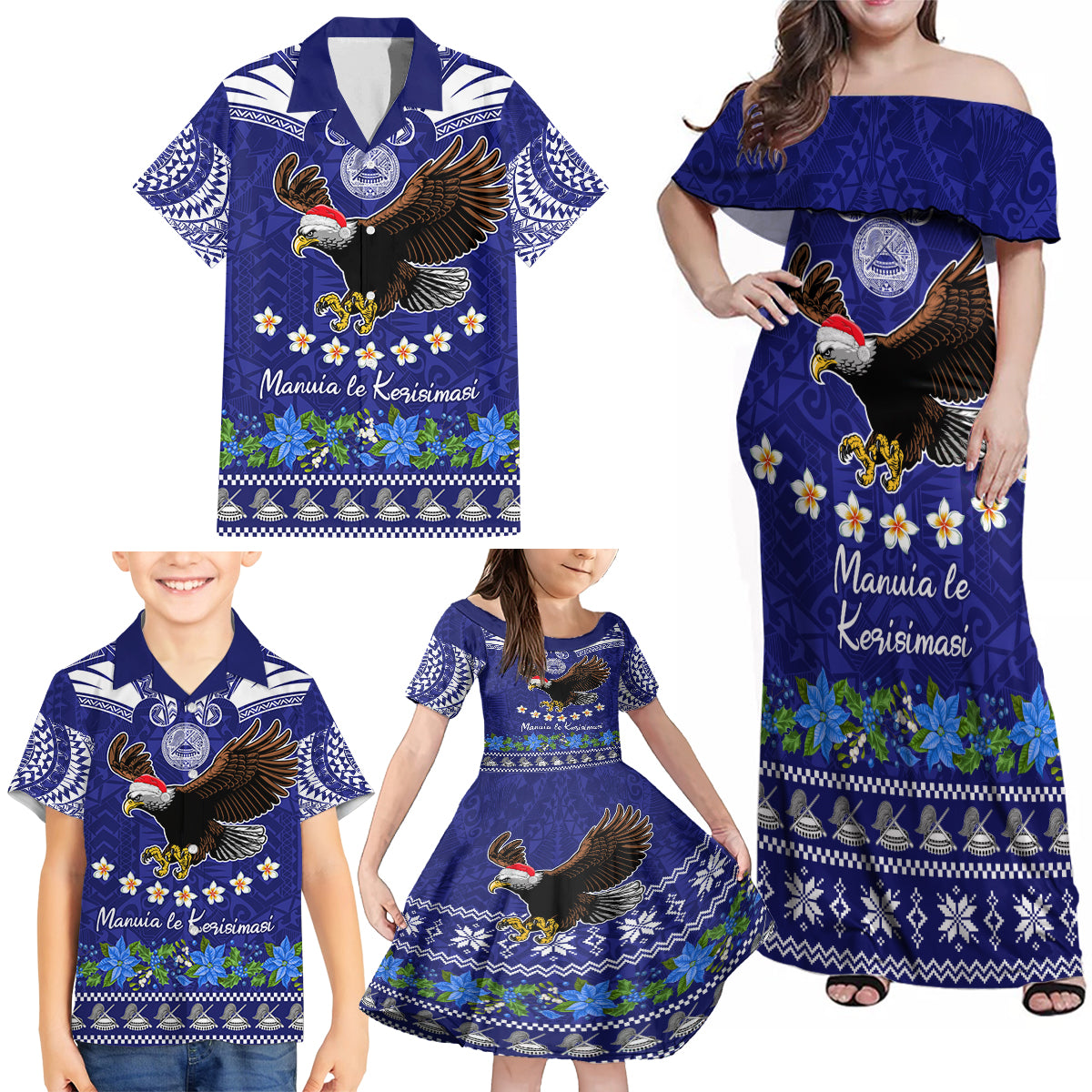 American Samoa Christmas Family Matching Off Shoulder Maxi Dress and Hawaiian Shirt Manuia le Kerisimasi Polynesian Tribal LT9 - Wonder Print Shop