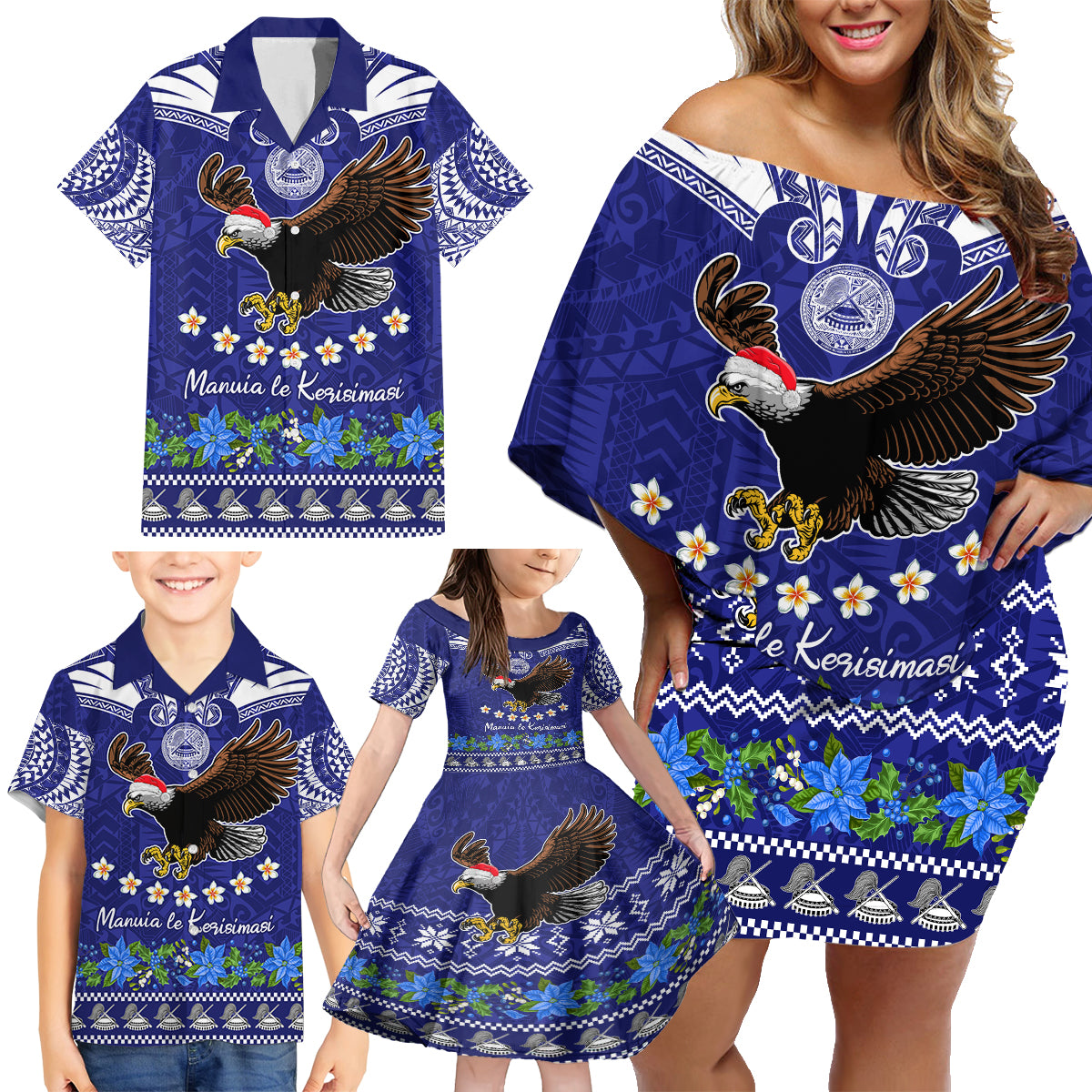 American Samoa Christmas Family Matching Off Shoulder Short Dress and Hawaiian Shirt Manuia le Kerisimasi Polynesian Tribal LT9 - Wonder Print Shop
