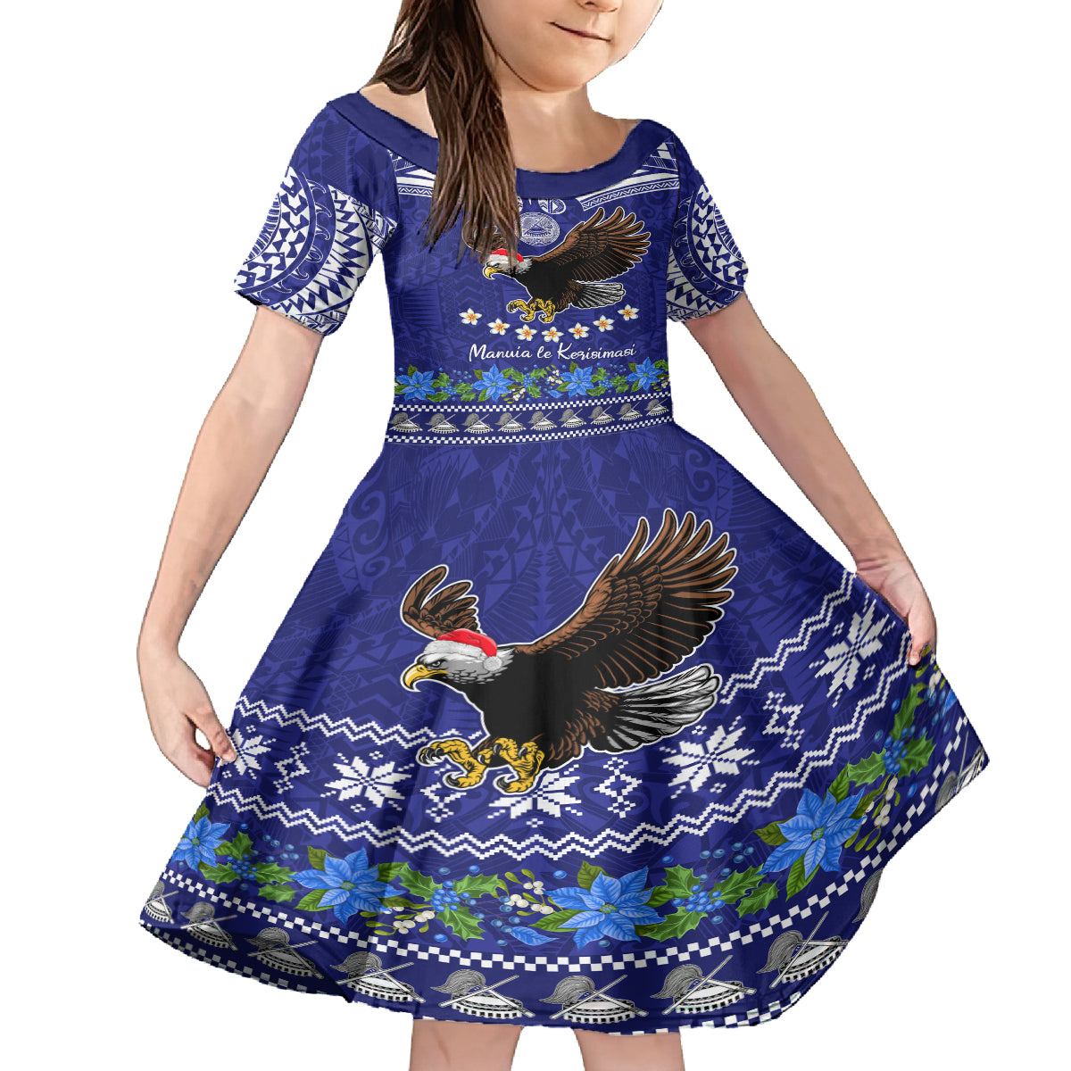 American Samoa Christmas Kid Short Sleeve Dress Manuia le Kerisimasi Polynesian Tribal - Wonder Print Shop