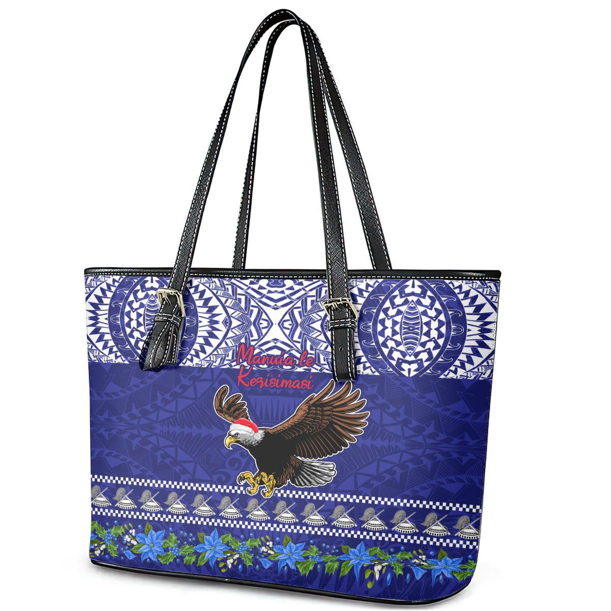 American Samoa Christmas Leather Tote Bag Manuia le Kerisimasi Polynesian Tribal - Wonder Print Shop