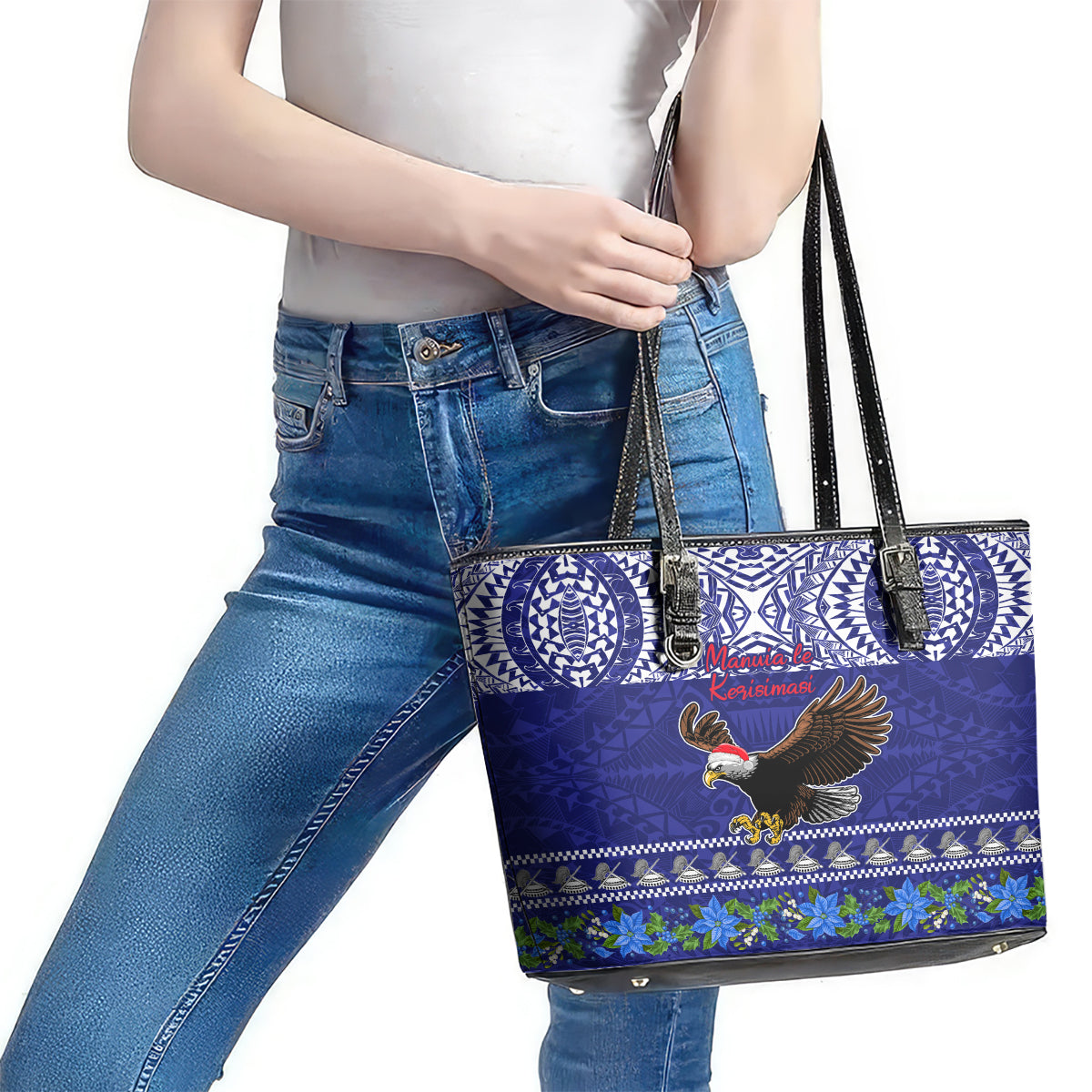 American Samoa Christmas Leather Tote Bag Manuia le Kerisimasi Polynesian Tribal - Wonder Print Shop