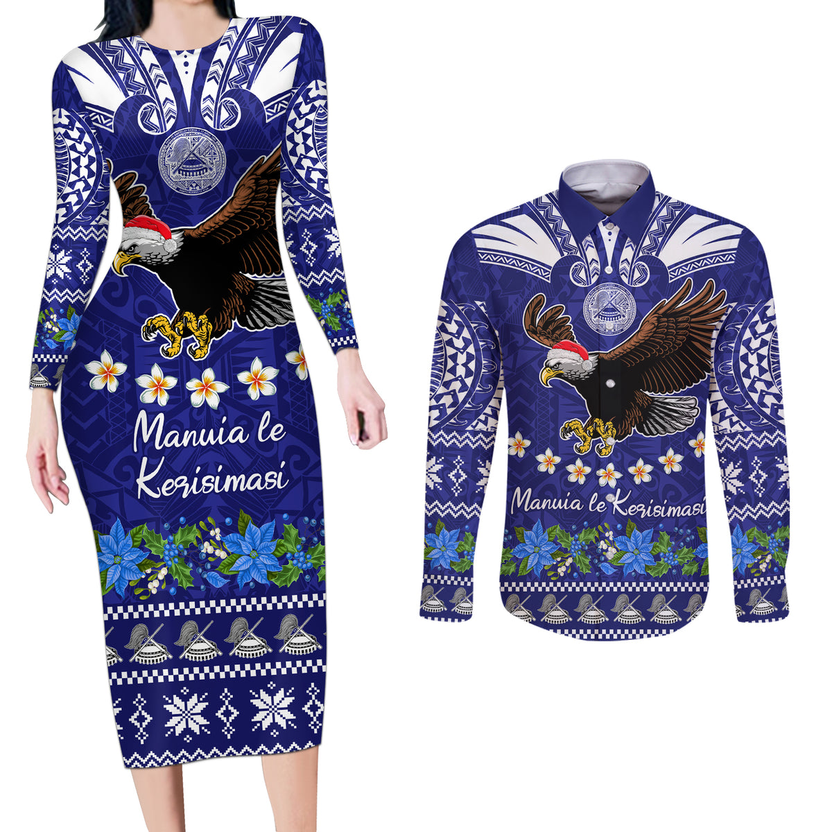 Personalised American Samoa Christmas Couples Matching Long Sleeve Bodycon Dress and Long Sleeve Button Shirt Manuia le Kerisimasi Polynesian Tribal LT9 - Wonder Print Shop