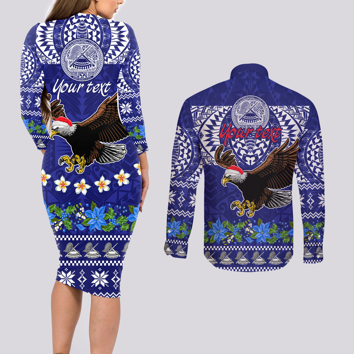 Personalised American Samoa Christmas Couples Matching Long Sleeve Bodycon Dress and Long Sleeve Button Shirt Manuia le Kerisimasi Polynesian Tribal LT9 - Wonder Print Shop