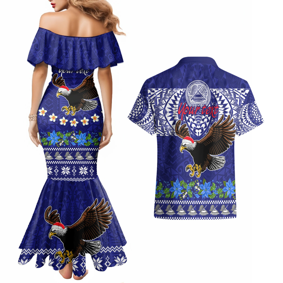 Personalised American Samoa Christmas Couples Matching Mermaid Dress and Hawaiian Shirt Manuia le Kerisimasi Polynesian Tribal LT9 - Wonder Print Shop