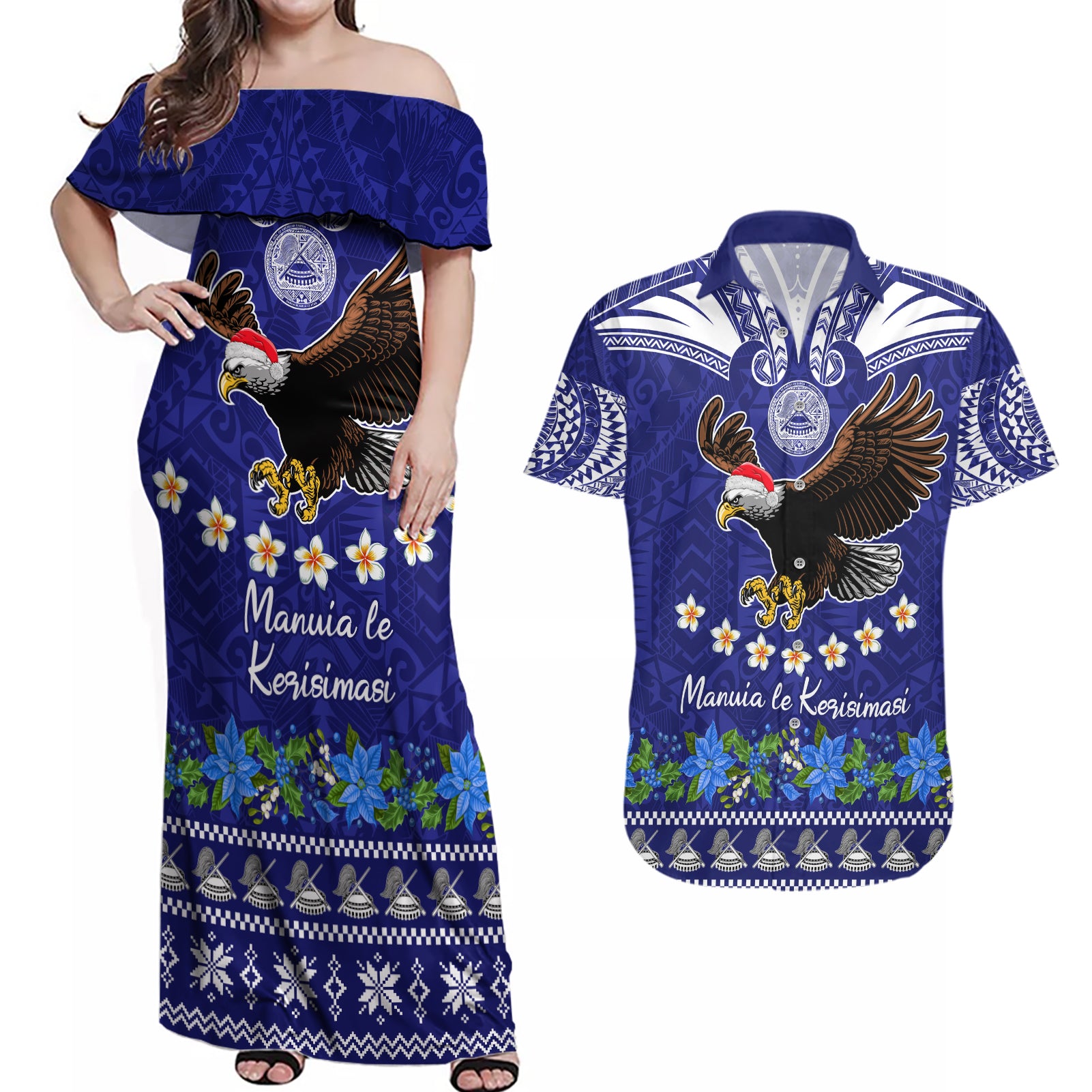 Personalised American Samoa Christmas Couples Matching Off Shoulder Maxi Dress and Hawaiian Shirt Manuia le Kerisimasi Polynesian Tribal LT9 - Wonder Print Shop