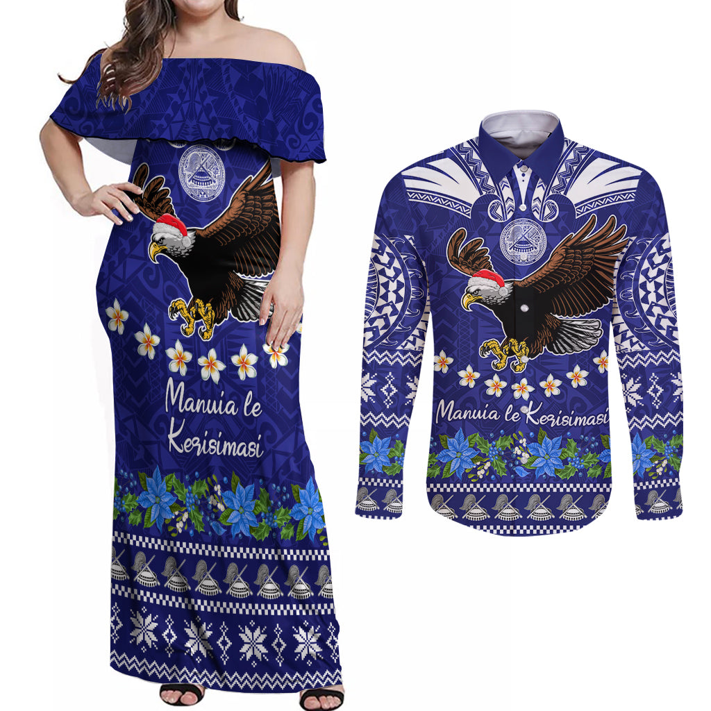 Personalised American Samoa Christmas Couples Matching Off Shoulder Maxi Dress and Long Sleeve Button Shirt Manuia le Kerisimasi Polynesian Tribal LT9 - Wonder Print Shop