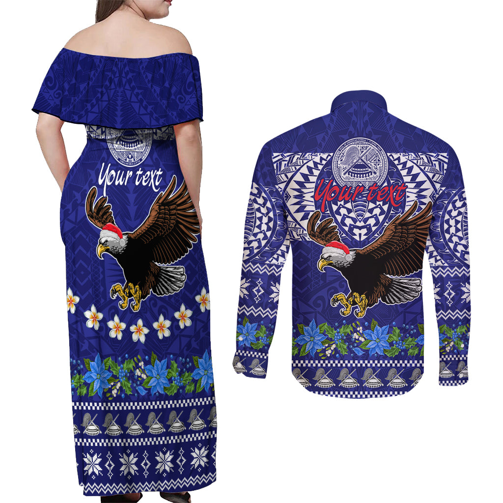 Personalised American Samoa Christmas Couples Matching Off Shoulder Maxi Dress and Long Sleeve Button Shirt Manuia le Kerisimasi Polynesian Tribal LT9 - Wonder Print Shop