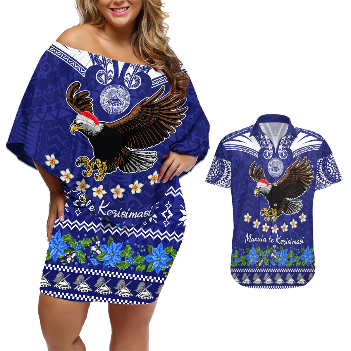 Personalised American Samoa Christmas Couples Matching Off Shoulder Short Dress and Hawaiian Shirt Manuia le Kerisimasi Polynesian Tribal LT9 - Wonder Print Shop