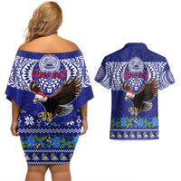 Personalised American Samoa Christmas Couples Matching Off Shoulder Short Dress and Hawaiian Shirt Manuia le Kerisimasi Polynesian Tribal LT9 - Wonder Print Shop