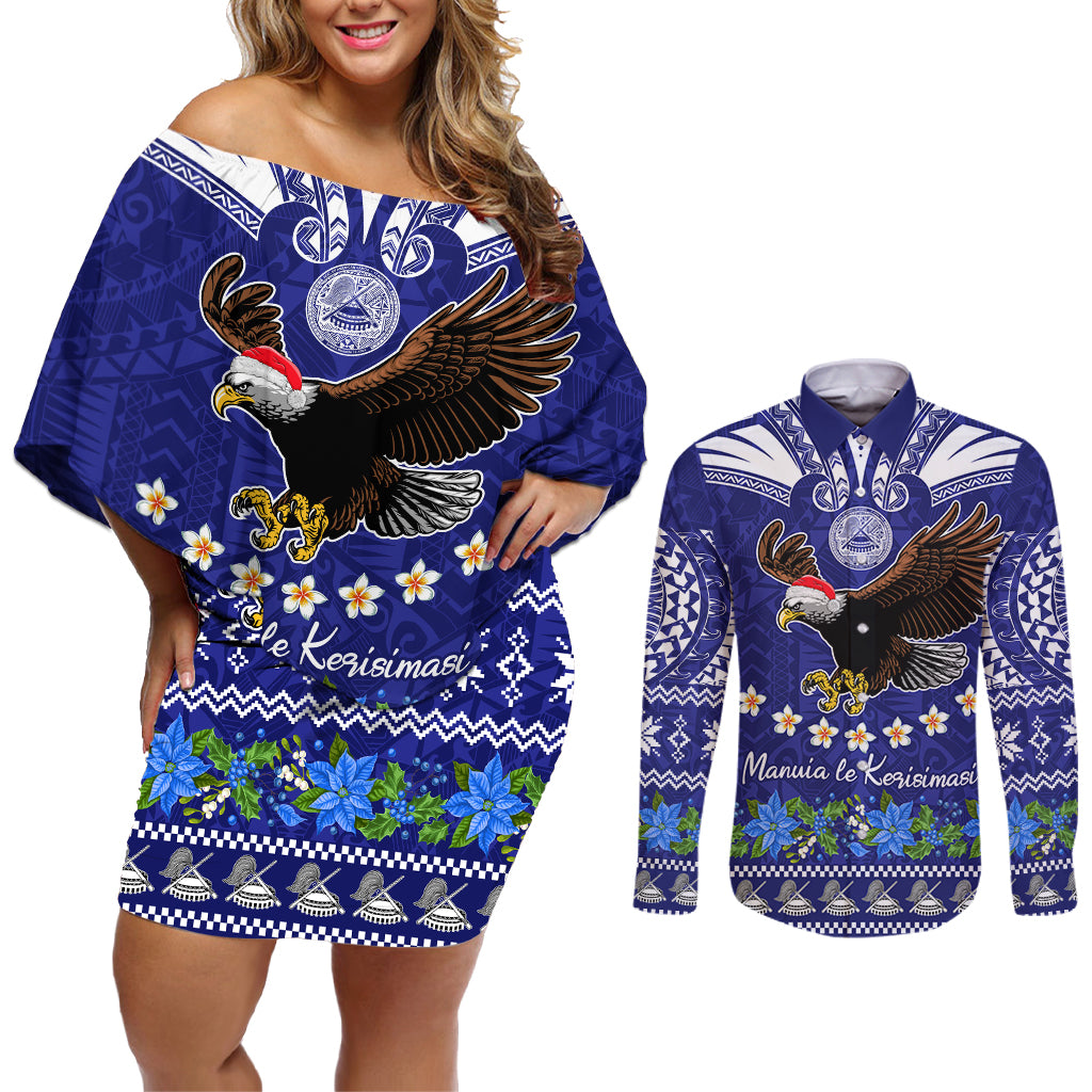 Personalised American Samoa Christmas Couples Matching Off Shoulder Short Dress and Long Sleeve Button Shirt Manuia le Kerisimasi Polynesian Tribal LT9 - Wonder Print Shop