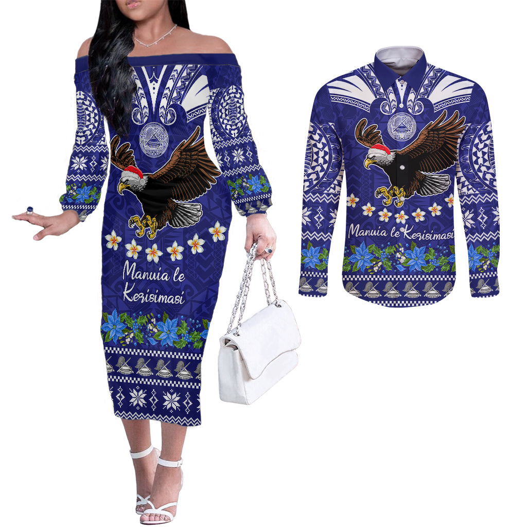 personalised-american-samoa-christmas-couples-matching-off-the-shoulder-long-sleeve-dress-and-long-sleeve-button-shirt-manuia-le-kerisimasi-polynesian-tribal