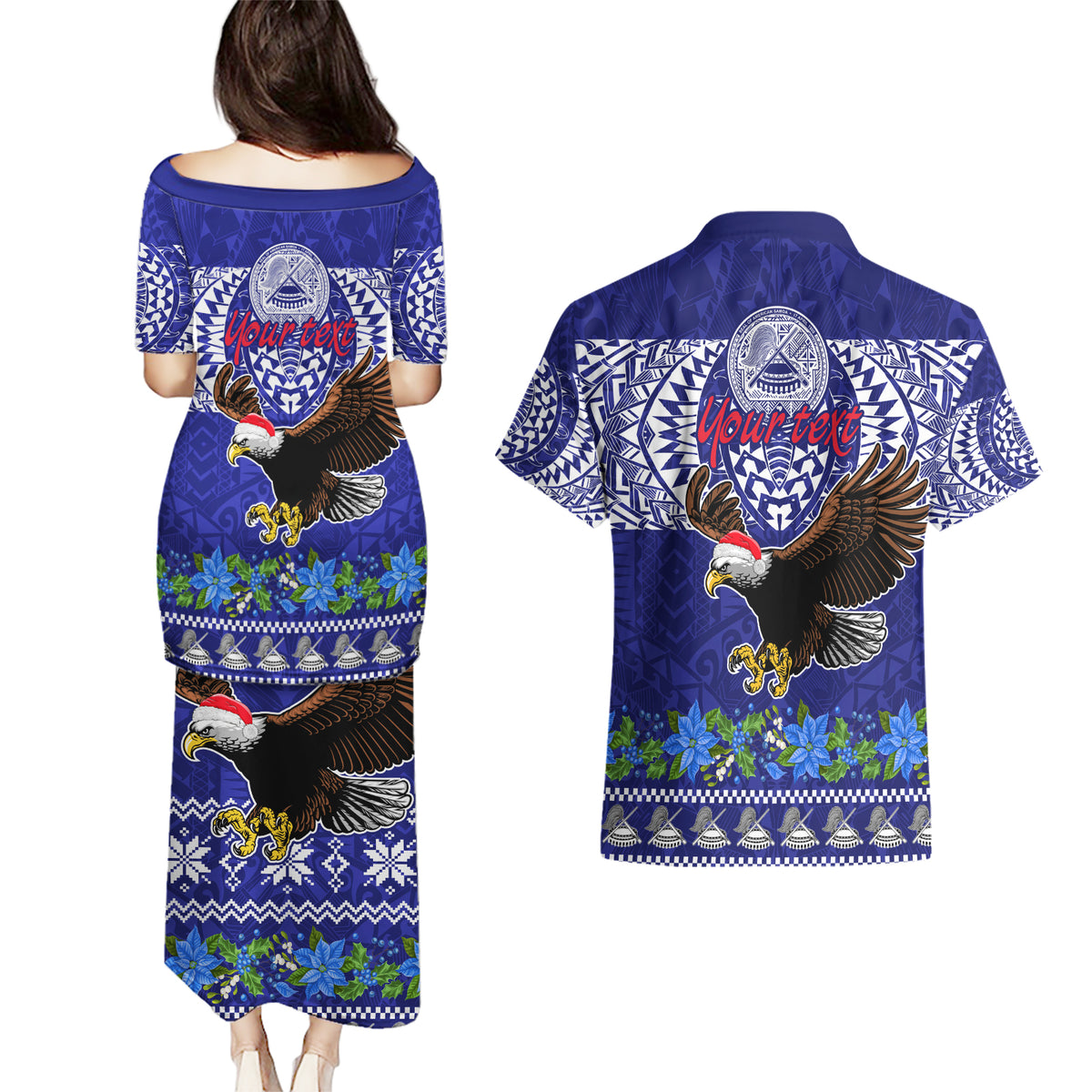 Personalised American Samoa Christmas Couples Matching Puletasi Dress and Hawaiian Shirt Manuia le Kerisimasi Polynesian Tribal LT9 - Wonder Print Shop