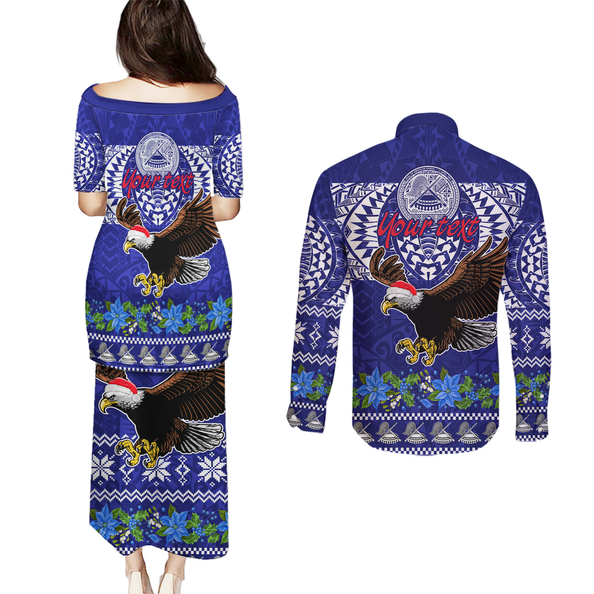 Personalised American Samoa Christmas Couples Matching Puletasi Dress and Long Sleeve Button Shirt Manuia le Kerisimasi Polynesian Tribal LT9 - Wonder Print Shop