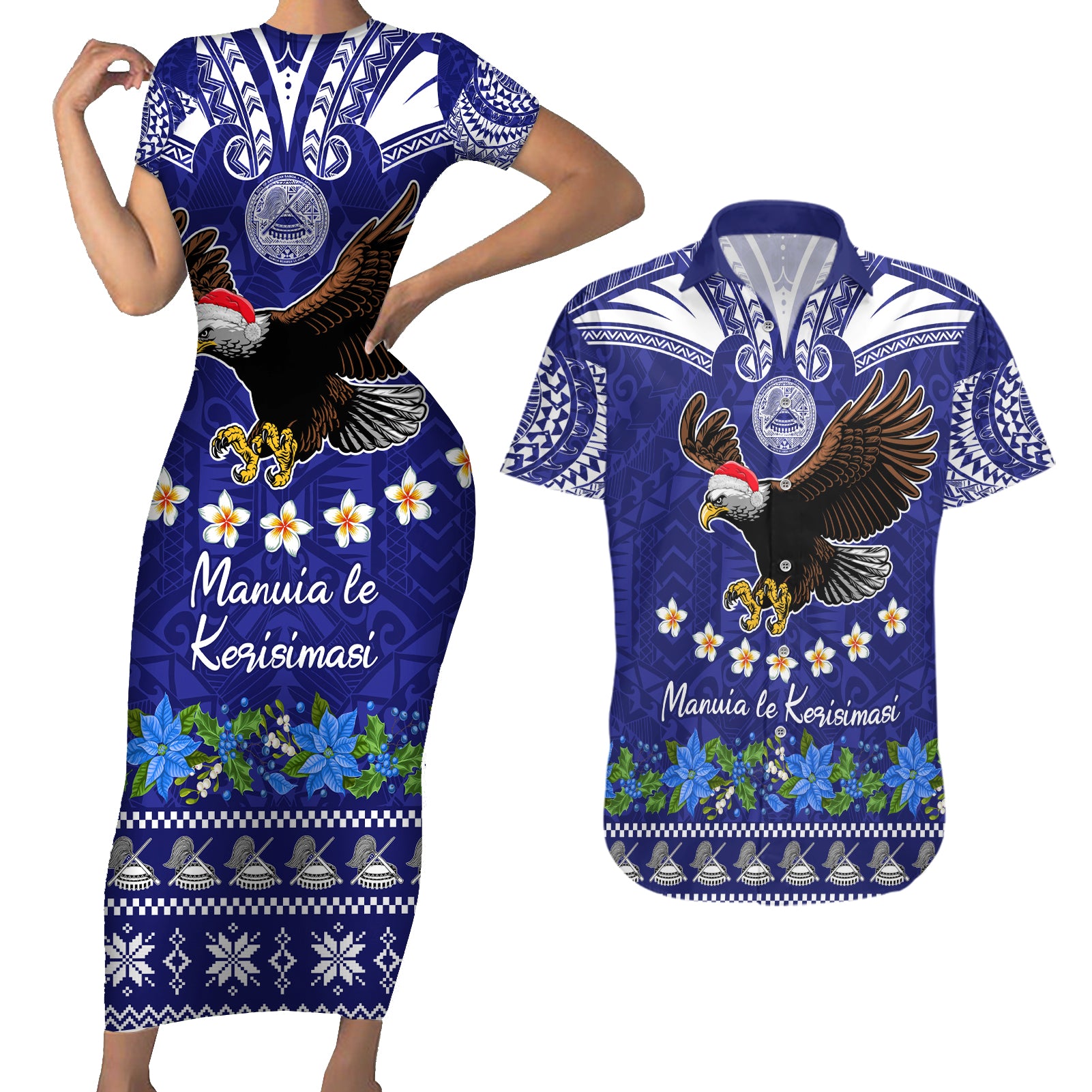 Personalised American Samoa Christmas Couples Matching Short Sleeve Bodycon Dress and Hawaiian Shirt Manuia le Kerisimasi Polynesian Tribal LT9 - Wonder Print Shop