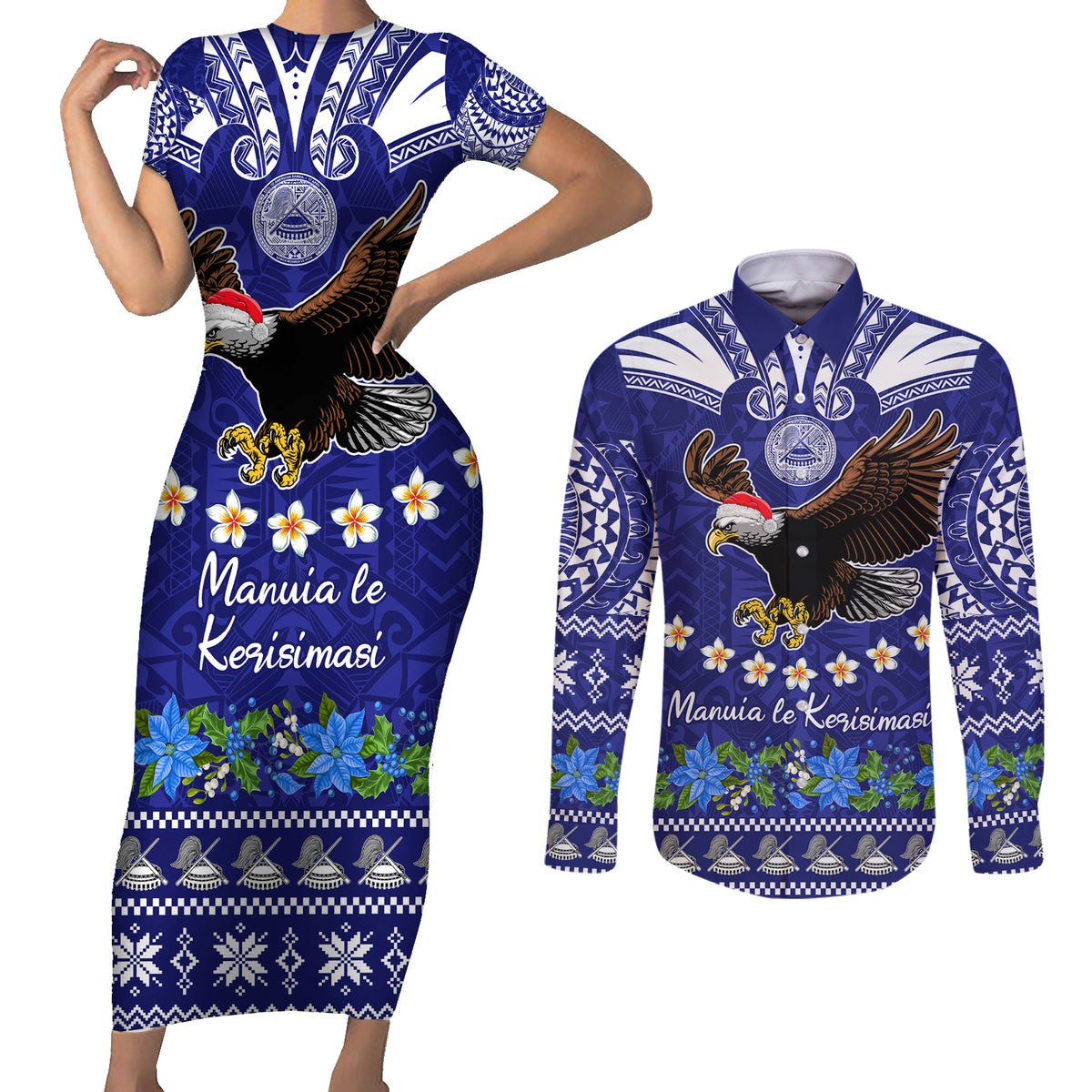 Personalised American Samoa Christmas Couples Matching Short Sleeve Bodycon Dress and Long Sleeve Button Shirt Manuia le Kerisimasi Polynesian Tribal LT9 - Wonder Print Shop