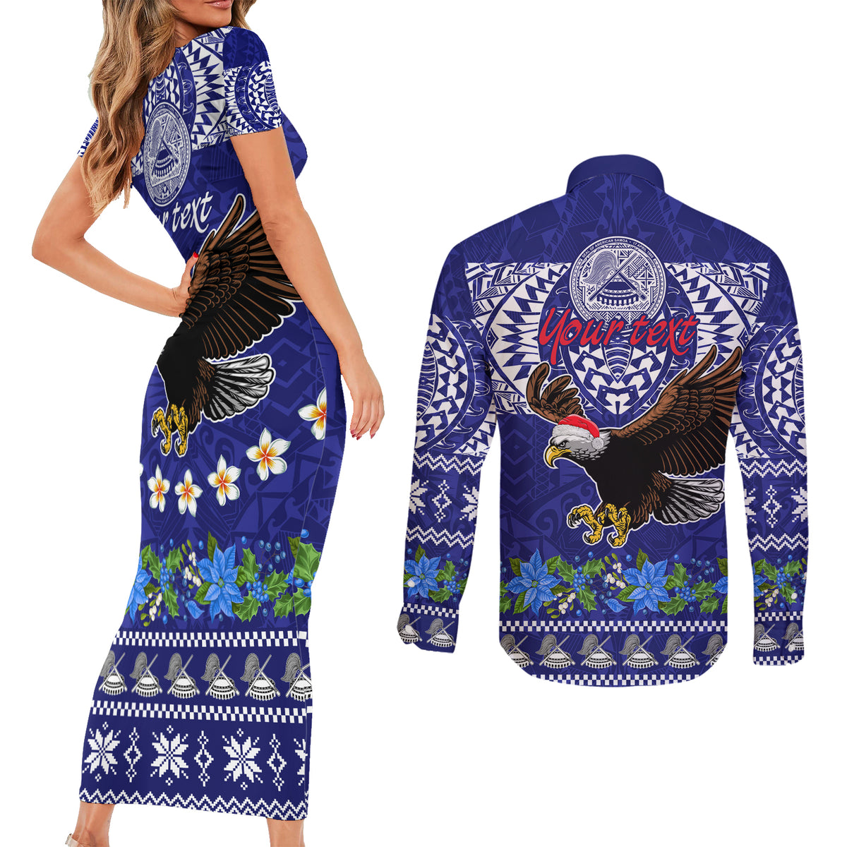 Personalised American Samoa Christmas Couples Matching Short Sleeve Bodycon Dress and Long Sleeve Button Shirt Manuia le Kerisimasi Polynesian Tribal LT9 - Wonder Print Shop