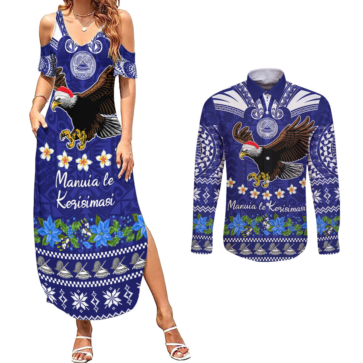 Personalised American Samoa Christmas Couples Matching Summer Maxi Dress and Long Sleeve Button Shirt Manuia le Kerisimasi Polynesian Tribal LT9 - Wonder Print Shop