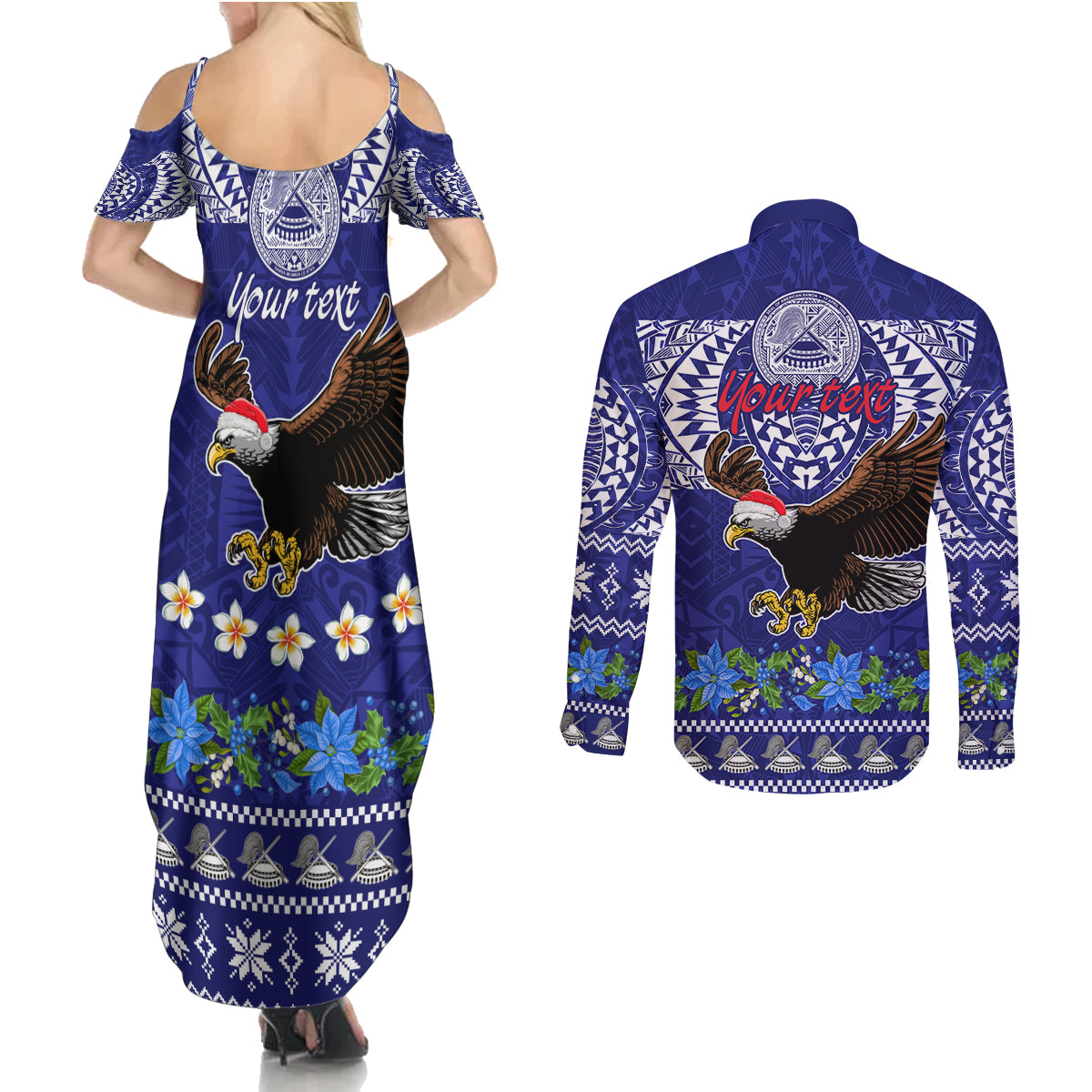 Personalised American Samoa Christmas Couples Matching Summer Maxi Dress and Long Sleeve Button Shirt Manuia le Kerisimasi Polynesian Tribal LT9 - Wonder Print Shop