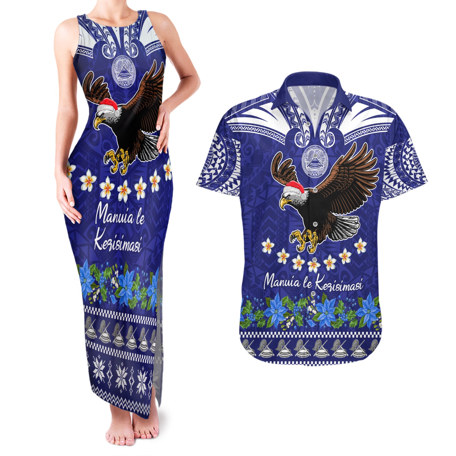 Personalised American Samoa Christmas Couples Matching Tank Maxi Dress and Hawaiian Shirt Manuia le Kerisimasi Polynesian Tribal LT9 - Wonder Print Shop