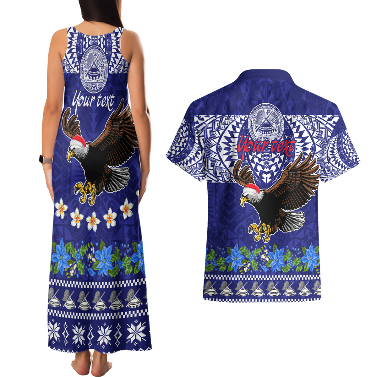 Personalised American Samoa Christmas Couples Matching Tank Maxi Dress and Hawaiian Shirt Manuia le Kerisimasi Polynesian Tribal LT9 - Wonder Print Shop