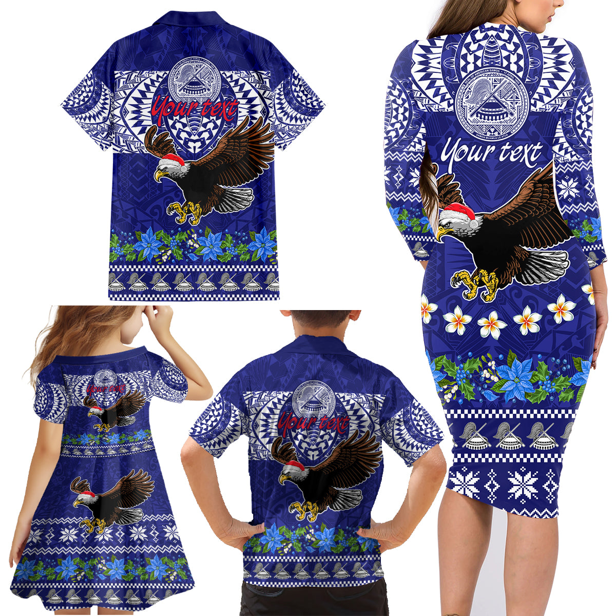 Personalised American Samoa Christmas Family Matching Long Sleeve Bodycon Dress and Hawaiian Shirt Manuia le Kerisimasi Polynesian Tribal LT9 - Wonder Print Shop