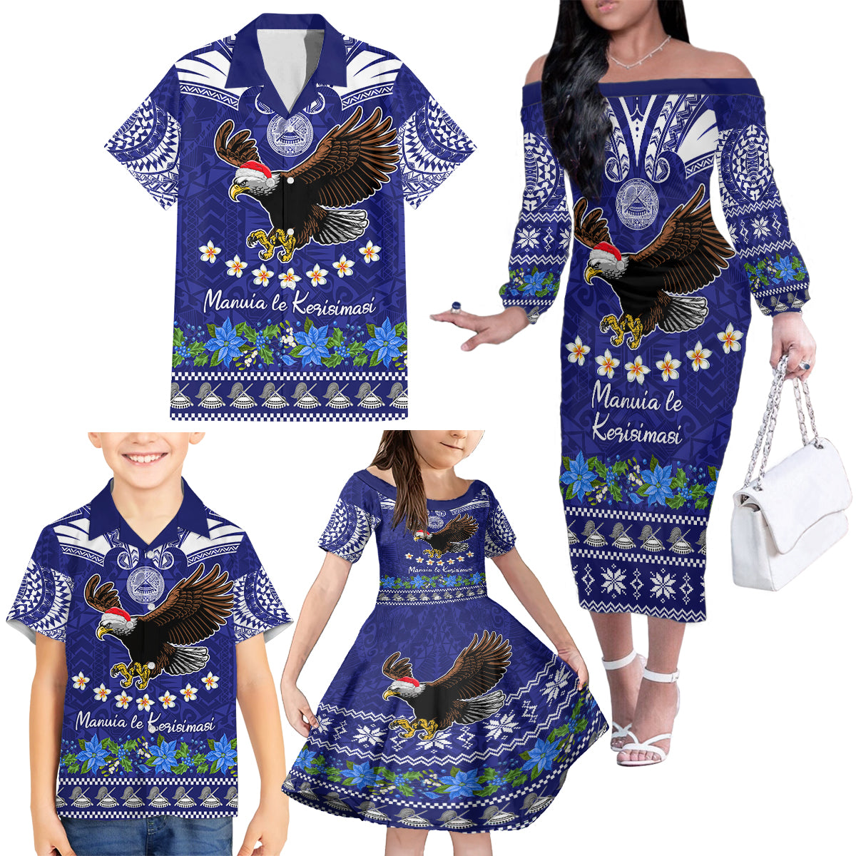 Personalised American Samoa Christmas Family Matching Off Shoulder Long Sleeve Dress and Hawaiian Shirt Manuia le Kerisimasi Polynesian Tribal - Wonder Print Shop