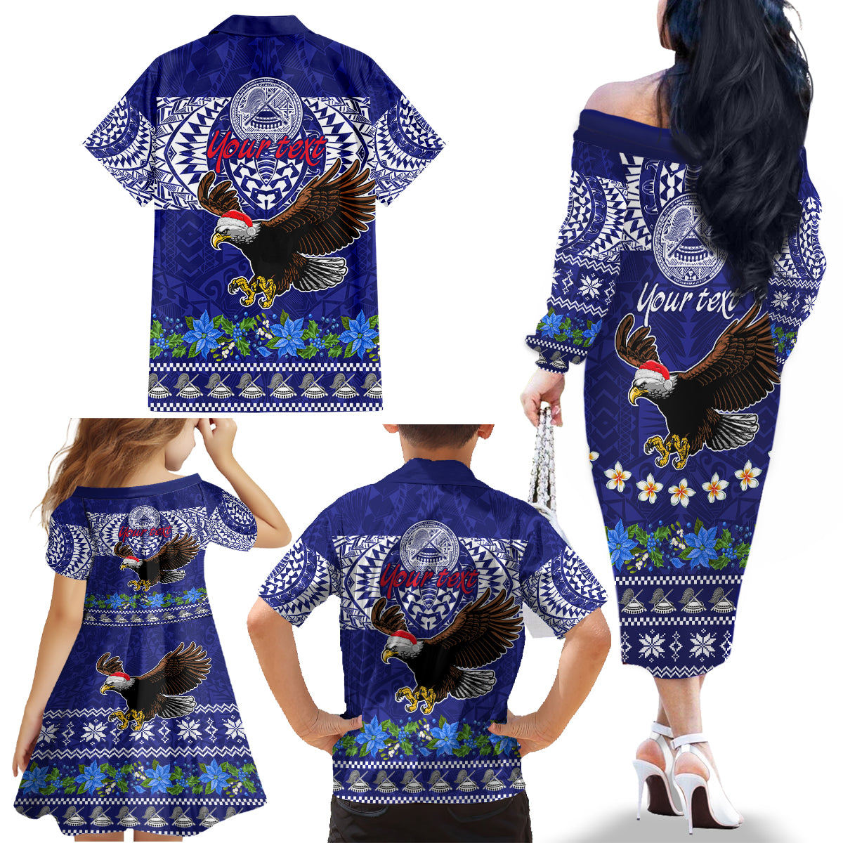 Personalised American Samoa Christmas Family Matching Off Shoulder Long Sleeve Dress and Hawaiian Shirt Manuia le Kerisimasi Polynesian Tribal - Wonder Print Shop