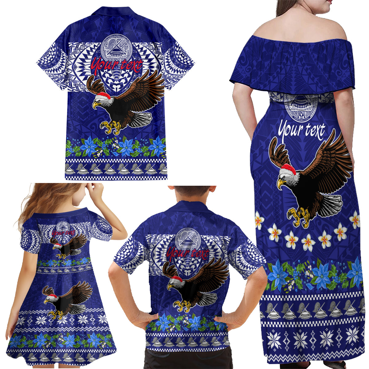 Personalised American Samoa Christmas Family Matching Off Shoulder Maxi Dress and Hawaiian Shirt Manuia le Kerisimasi Polynesian Tribal LT9 - Wonder Print Shop